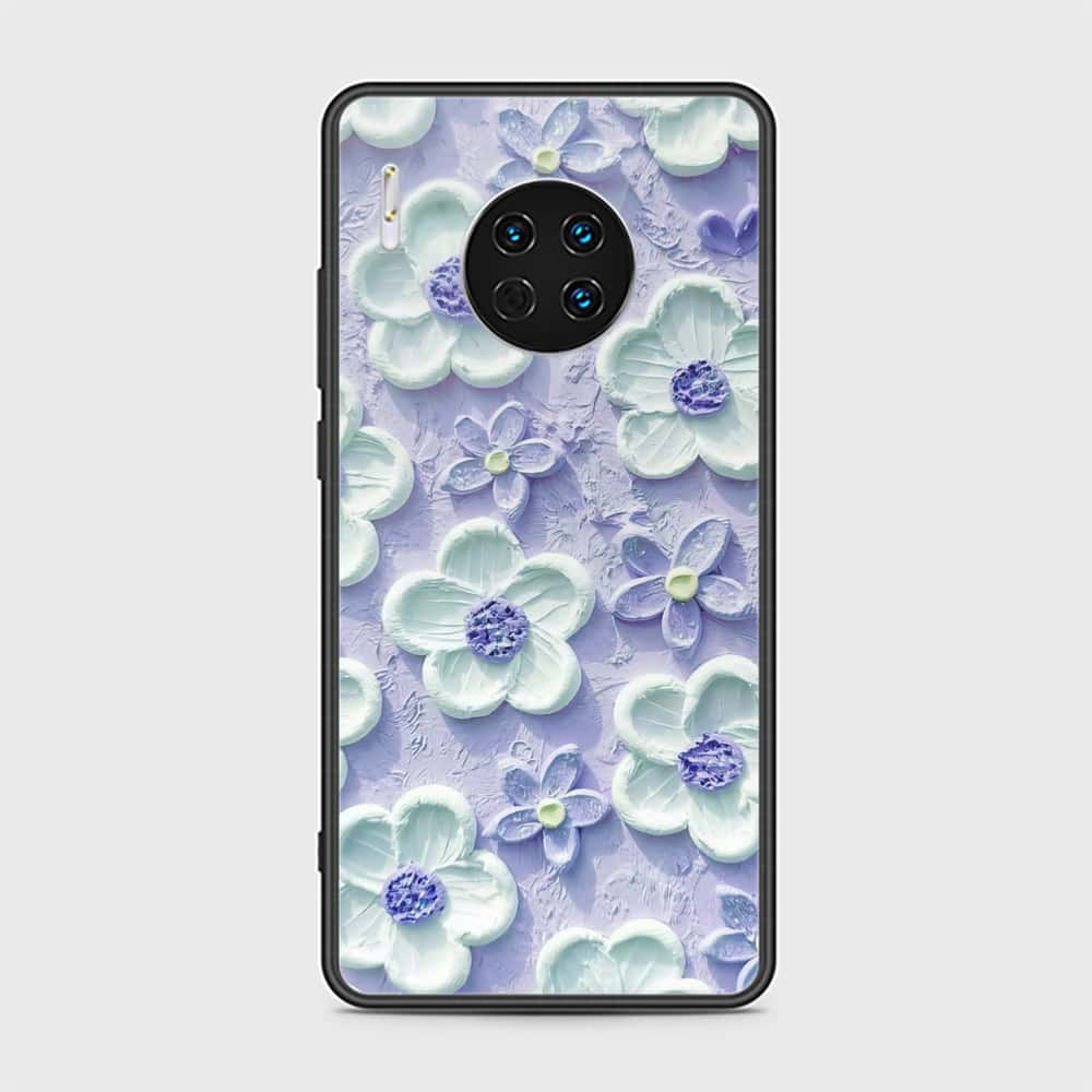 Huawei Mate 30 Cover - Floral Series - Design 4 - Purple & Aqua - HQ Ultra Shine Premium Infinity Glass Soft Silicon Borders Case