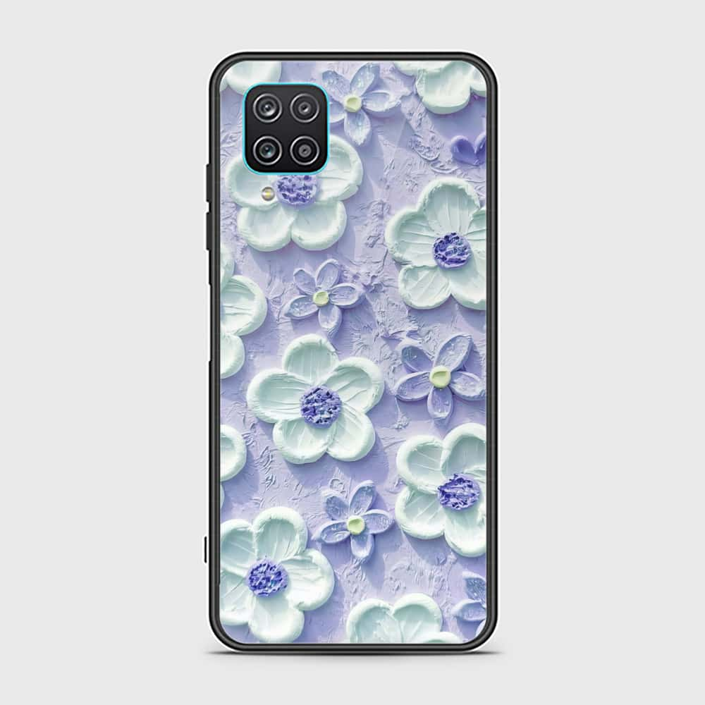 Samsung Galaxy A12 Cover - Floral Series - Design 4 - Purple & White - HQ Ultra Shine Premium Infinity Glass Soft Silicon Borders Case