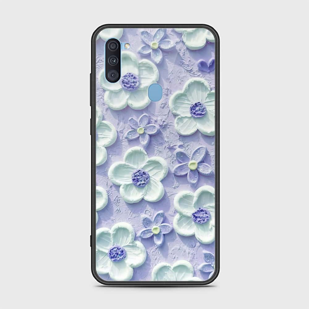 Samsung Galaxy A11 Cover - Floral Series - Design 4 - Purple & White - HQ Ultra Shine Premium Infinity Glass Soft Silicon Borders Case