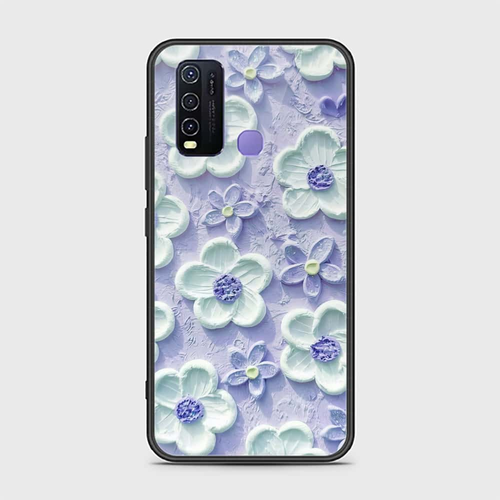 Vivo Y30 Cover - Floral Series - Design 4 - Purple & Aqua - HQ Ultra Shine Premium Infinity Glass Soft Silicon Borders Case