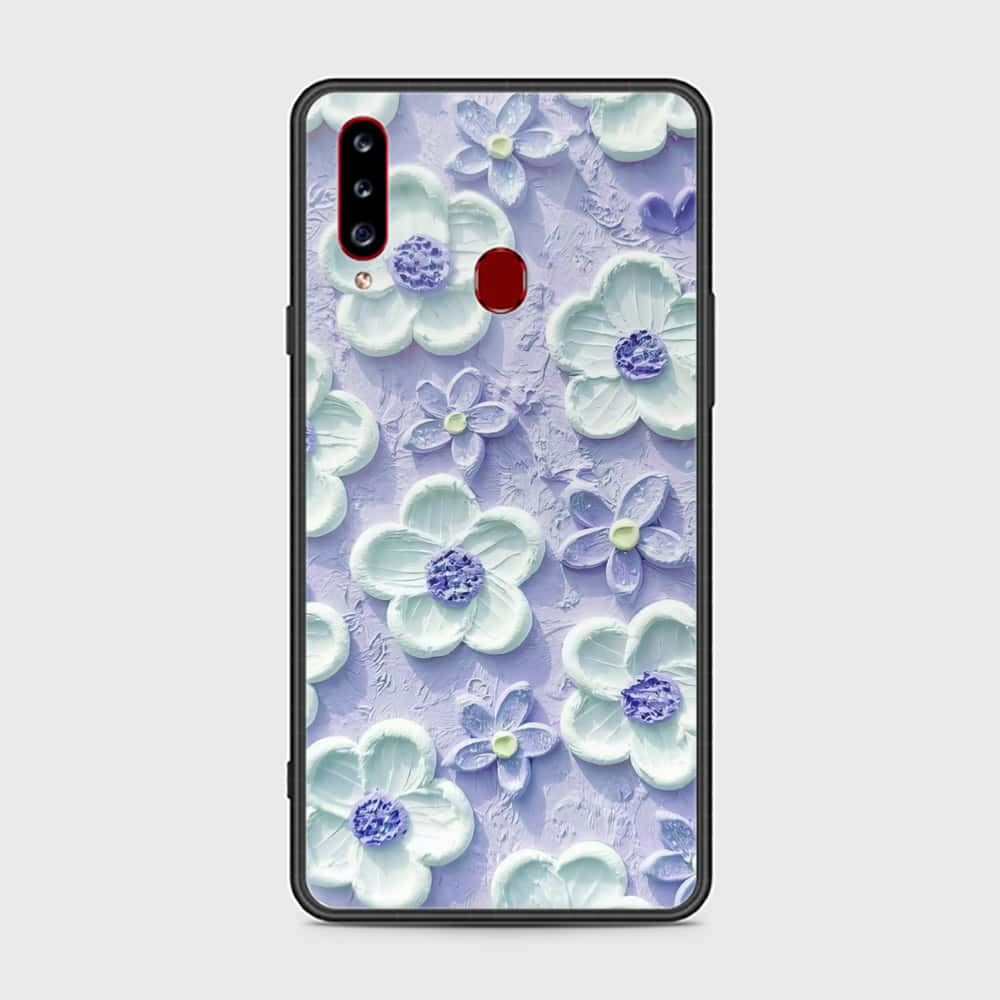 Samsung Galaxy A20s Cover - Floral Series - Design 4 - Purple & White - HQ Ultra Shine Premium Infinity Glass Soft Silicon Borders Case