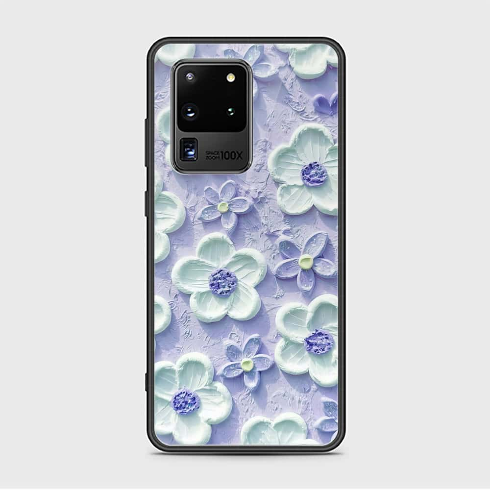 Samsung Galaxy S20 Ultra Cover - Floral Series - Design 4 - Purple & Aqua - HQ Ultra Shine Premium Infinity Glass Soft Silicon Borders Case