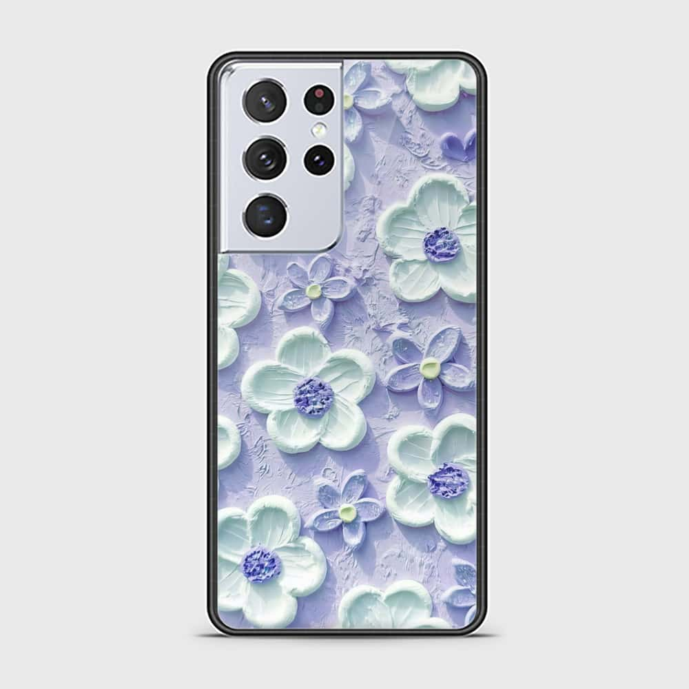 Samsung Galaxy S21 Ultra 5G Cover - Floral Series - Design 4 - Purple & White - HQ Ultra Shine Premium Infinity Glass Soft Silicon Borders Case