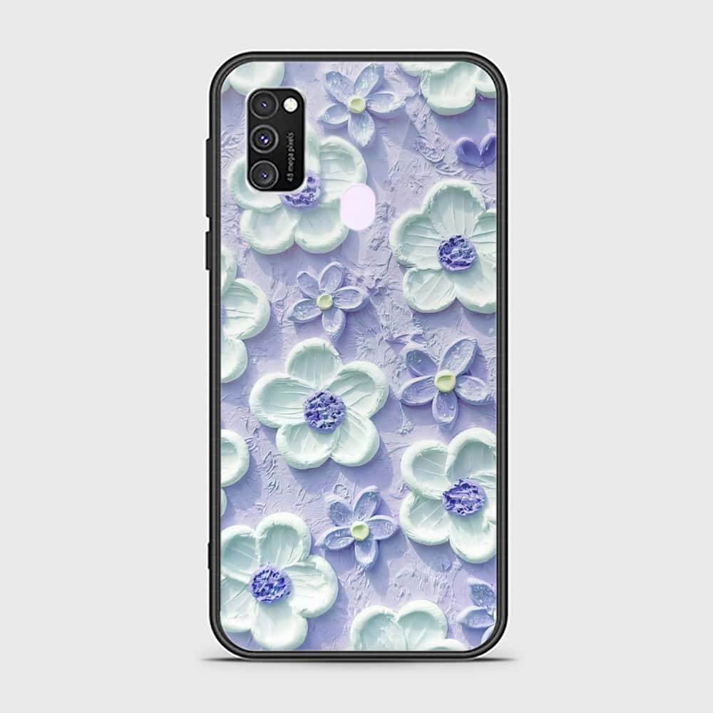 Samsung Galaxy M30s Cover - Floral Series - Design 4 - Purple & White - HQ Ultra Shine Premium Infinity Glass Soft Silicon Borders Case