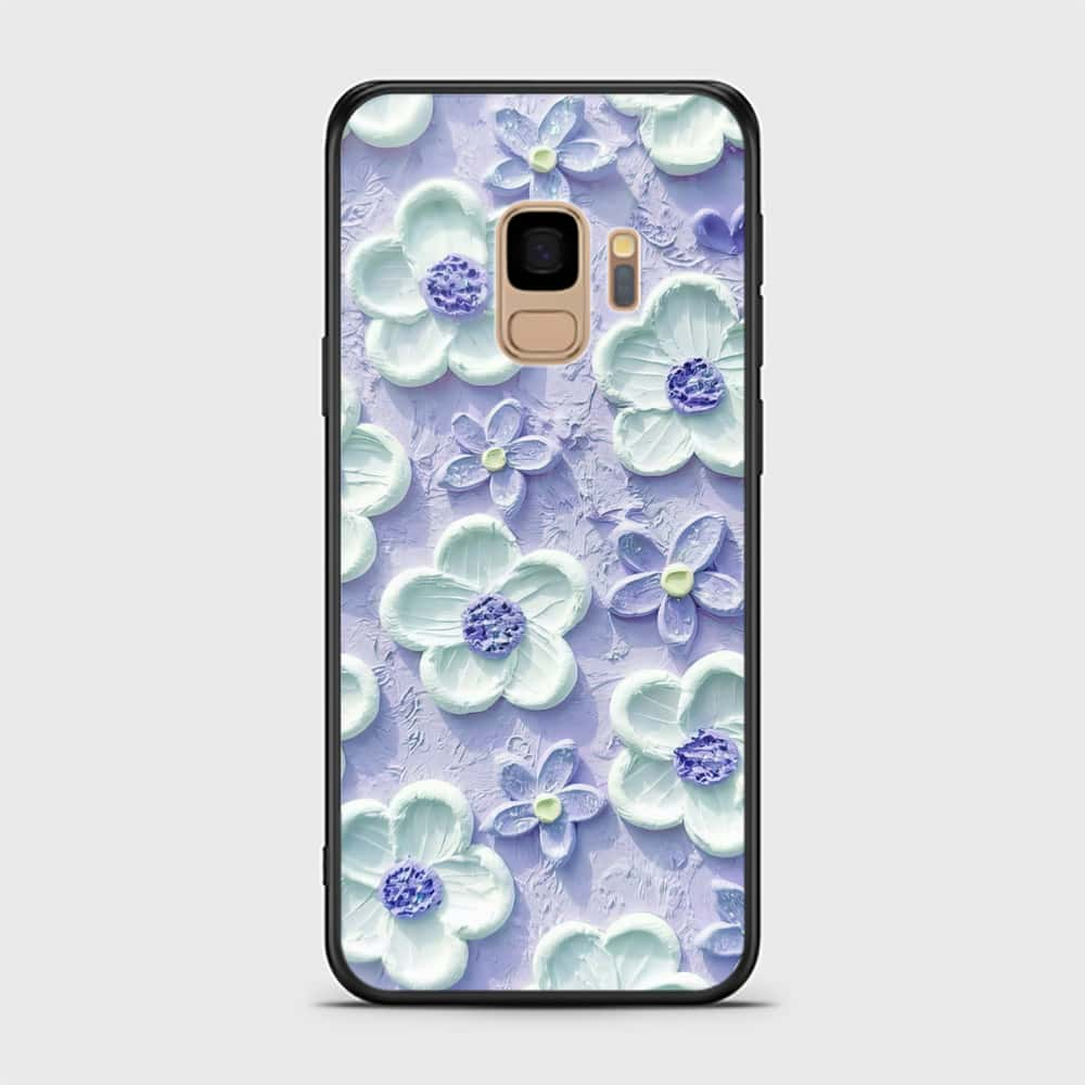 Samsung Galaxy S9 Cover - Floral Series - Design 4 - Purple & White - HQ Ultra Shine Premium Infinity Glass Soft Silicon Borders Case