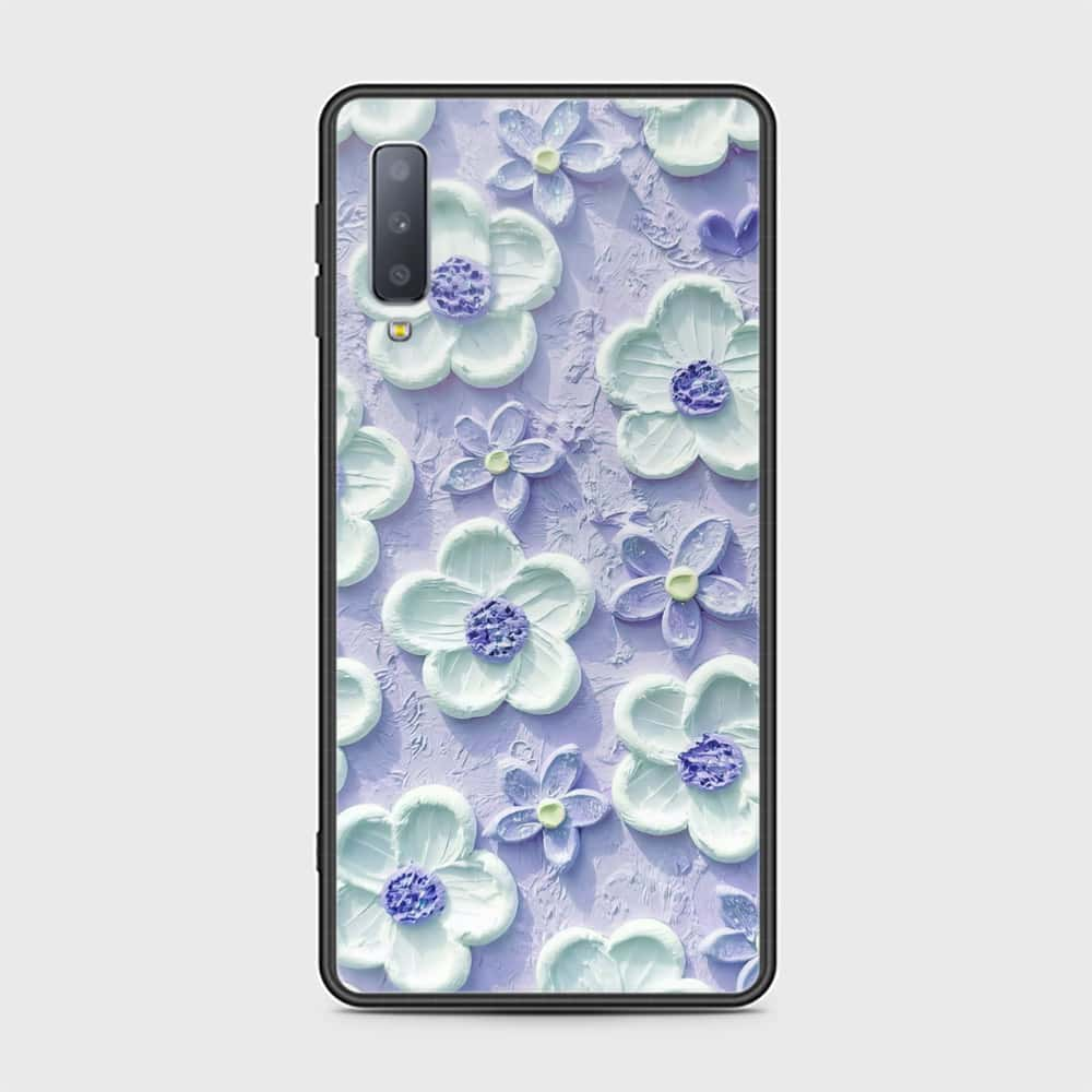 Samsung Galaxy A7 2018 Cover - Floral Series - Design 4 - Purple & White - HQ Ultra Shine Premium Infinity Glass Soft Silicon Borders Case