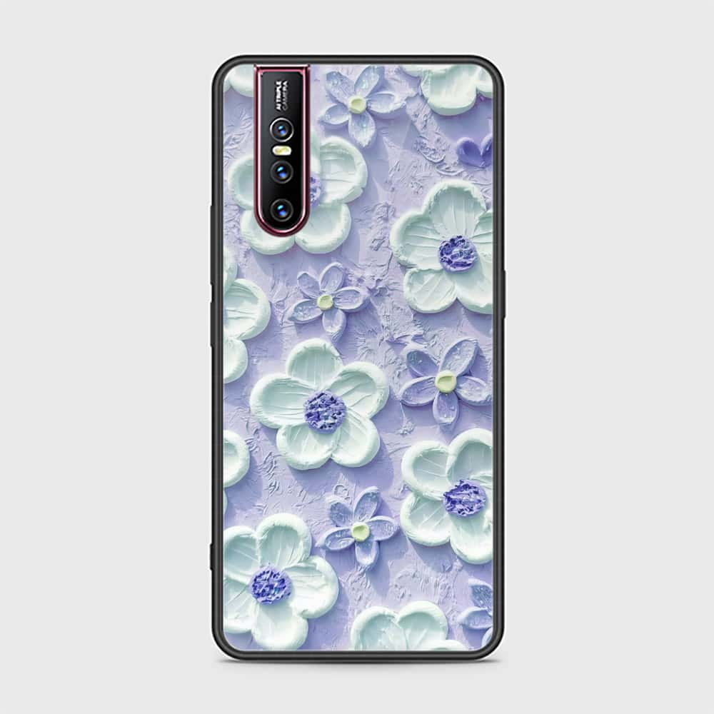 Vivo V15 Pro Cover - Floral Series - Design 4 - Purple & Aqua - HQ Ultra Shine Premium Infinity Glass Soft Silicon Borders Case