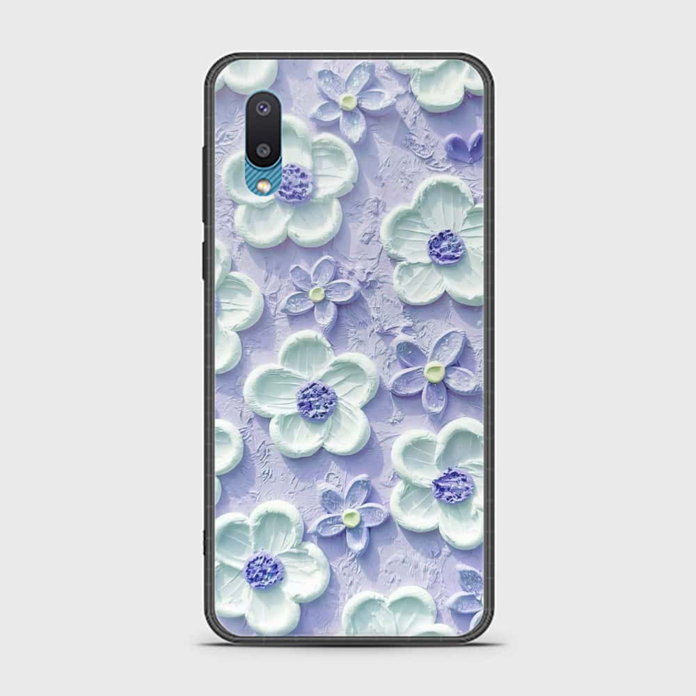 Samsung Galaxy A02 Cover - Floral Series - Design 4 - Purple & White - HQ Ultra Shine Premium Infinity Glass Soft Silicon Borders Case