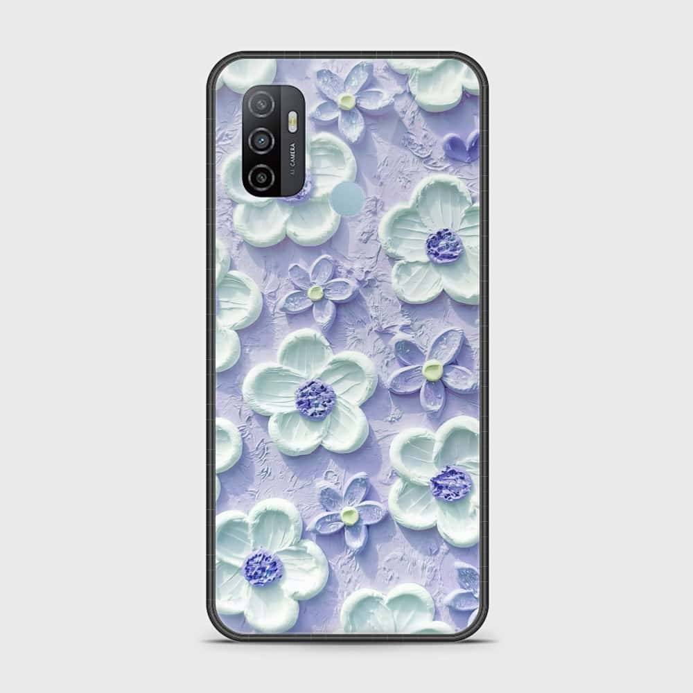 Oppo A53 Cover - Floral Series - Design 4 - Purple & Aqua - HQ Ultra Shine Premium Infinity Glass Soft Silicon Borders Case