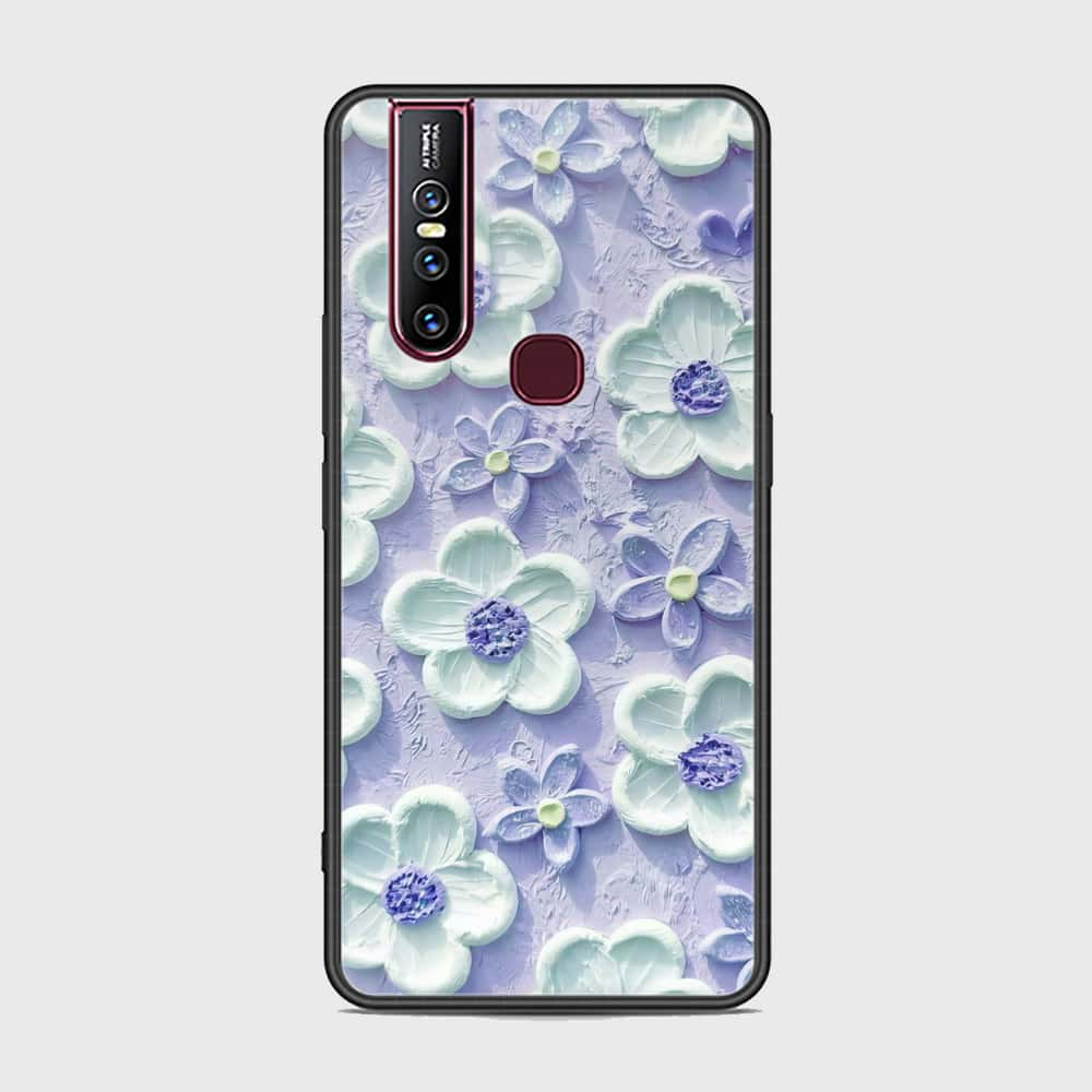 Vivo V15 Cover - Floral Series - Design 4 - Purple & White - HQ Ultra Shine Premium Infinity Glass Soft Silicon Borders Case