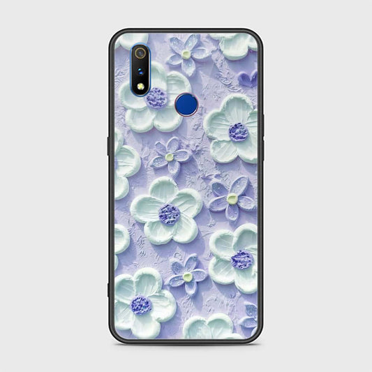 Realme 3 Cover - Floral Series - Design 4 - Purple & White - HQ Ultra Shine Premium Infinity Glass Soft Silicon Borders Case