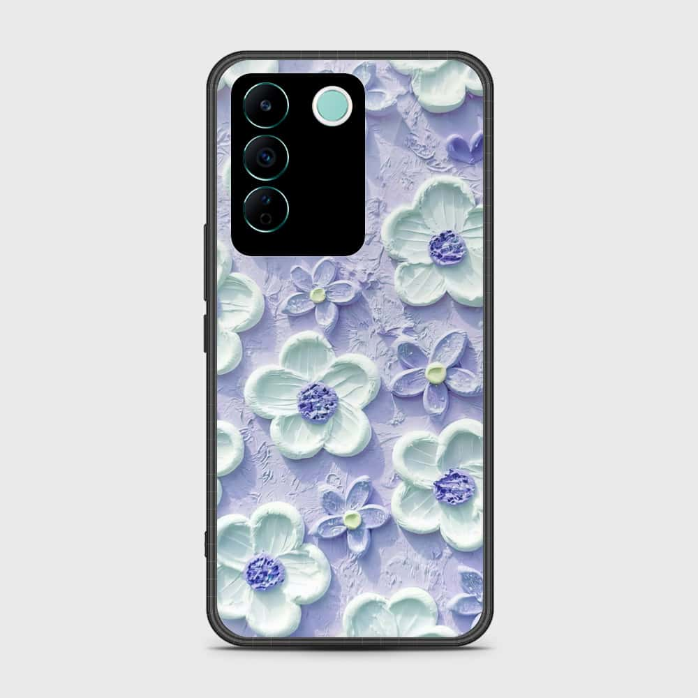 Vivo V27e Cover - Floral Series - Design 4 - Purple & White - HQ Ultra Shine Premium Infinity Glass Soft Silicon Borders Case