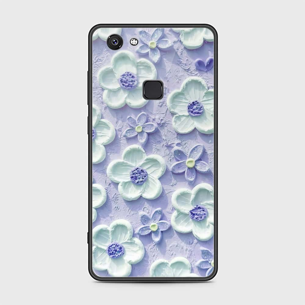 Vivo V7 Cover - Floral Series - Design 4 - Purple & White - HQ Ultra Shine Premium Infinity Glass Soft Silicon Borders Case