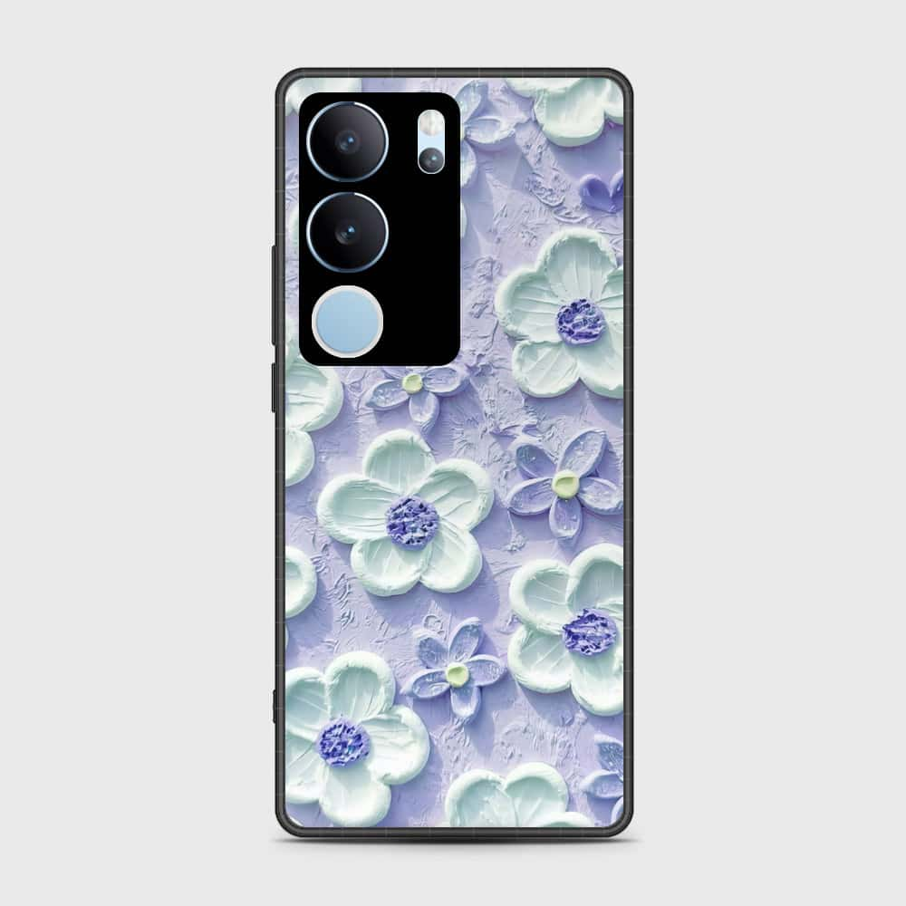 Vivo V29 Cover - Floral Series - Design 4 - Purple & White - HQ Ultra Shine Premium Infinity Glass Soft Silicon Borders Case