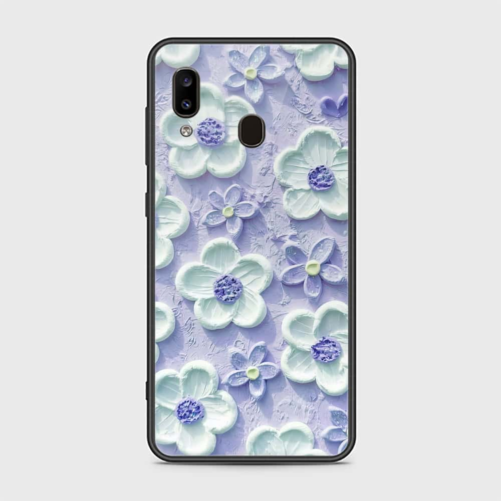 Samsung Galaxy A20 Cover - Floral Series - Design 4 - Purple & Aqua - HQ Ultra Shine Premium Infinity Glass Soft Silicon Borders Case