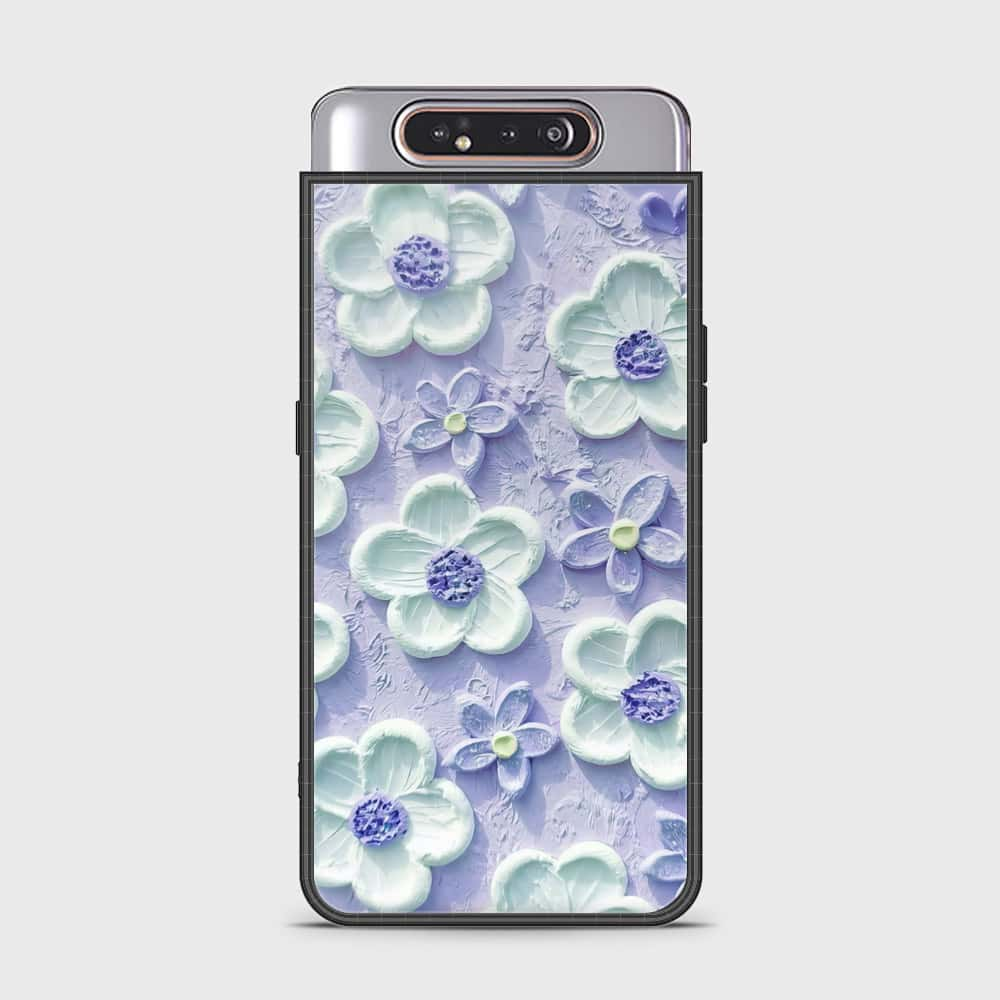 Samsung Galaxy A80 Cover - Floral Series - Design 4 - Purple & White - HQ Ultra Shine Premium Infinity Glass Soft Silicon Borders Case