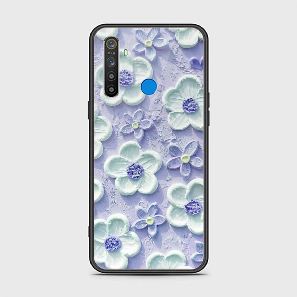 Realme 5 Cover - Floral Series - Design 4 - Purple & Aqua - HQ Ultra Shine Premium Infinity Glass Soft Silicon Borders Case