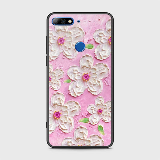 Y7 2018 Cover - Floral Series - Design 5 - Pink & White - HQ Ultra Shine Premium Infinity Glass Soft Silicon Borders Case