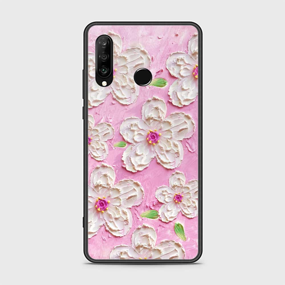 Huawei P30 lite Cover - Floral Series - Design 5 - Pink & White - HQ Ultra Shine Premium Infinity Glass Soft Silicon Borders Case