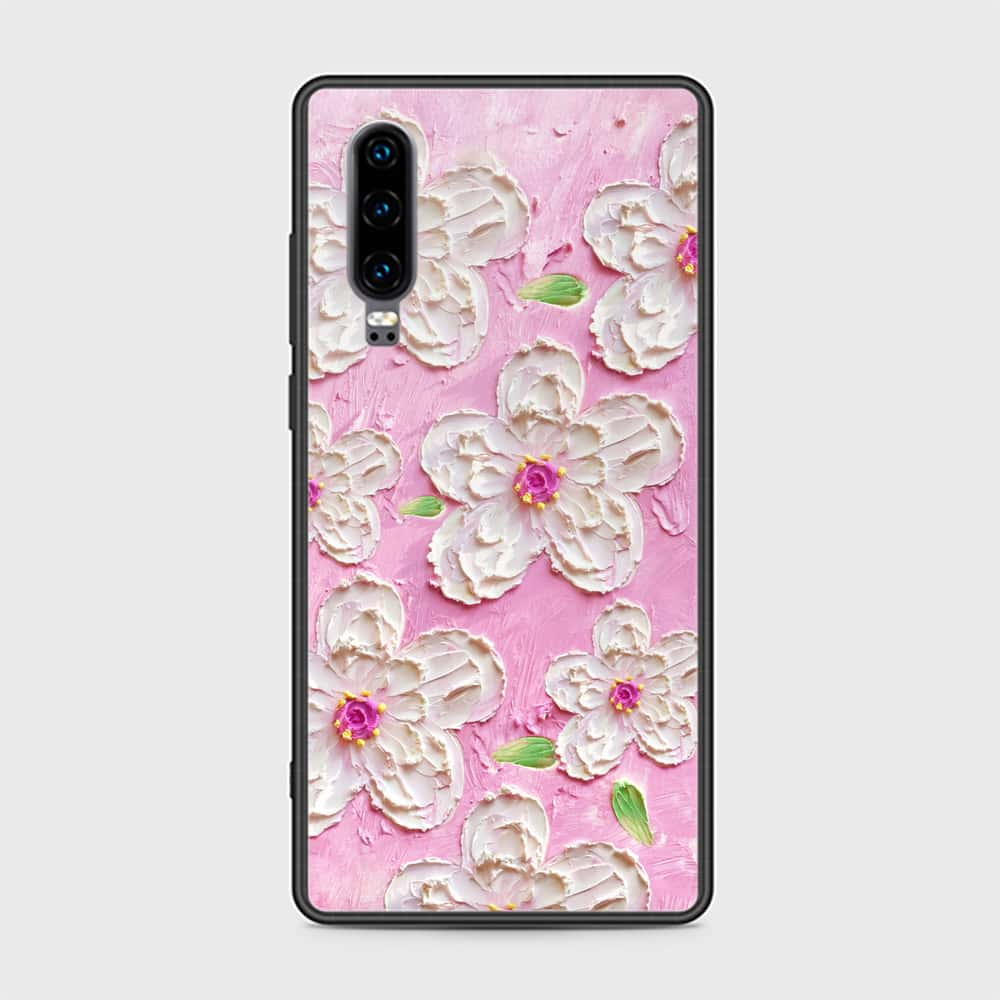 Huawei P30 Cover - Floral Series - Design 5 - Pink & White - HQ Ultra Shine Premium Infinity Glass Soft Silicon Borders Case