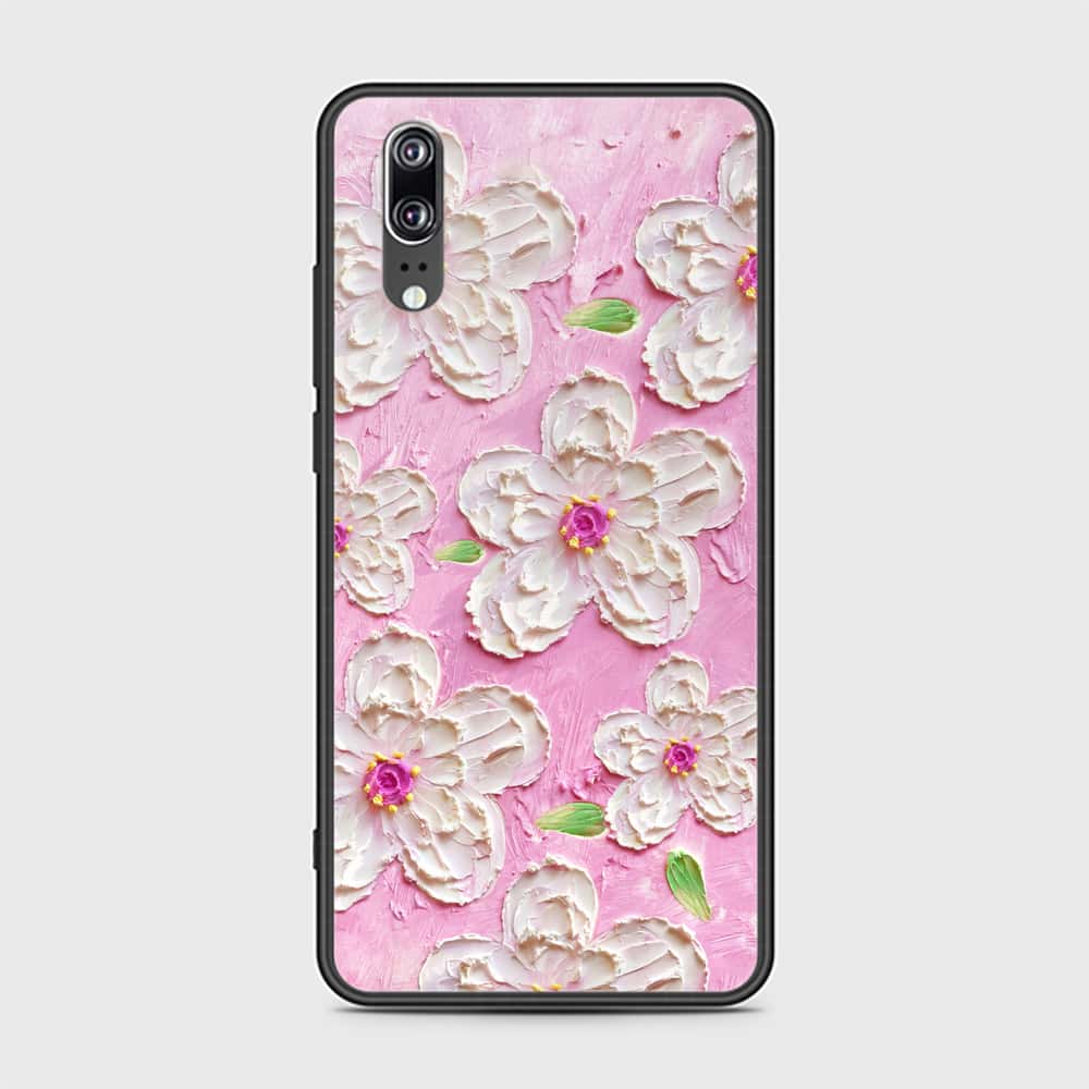 Huawei P20 Cover - Floral Series - Design 5 - Pink & White - HQ Ultra Shine Premium Infinity Glass Soft Silicon Borders Case