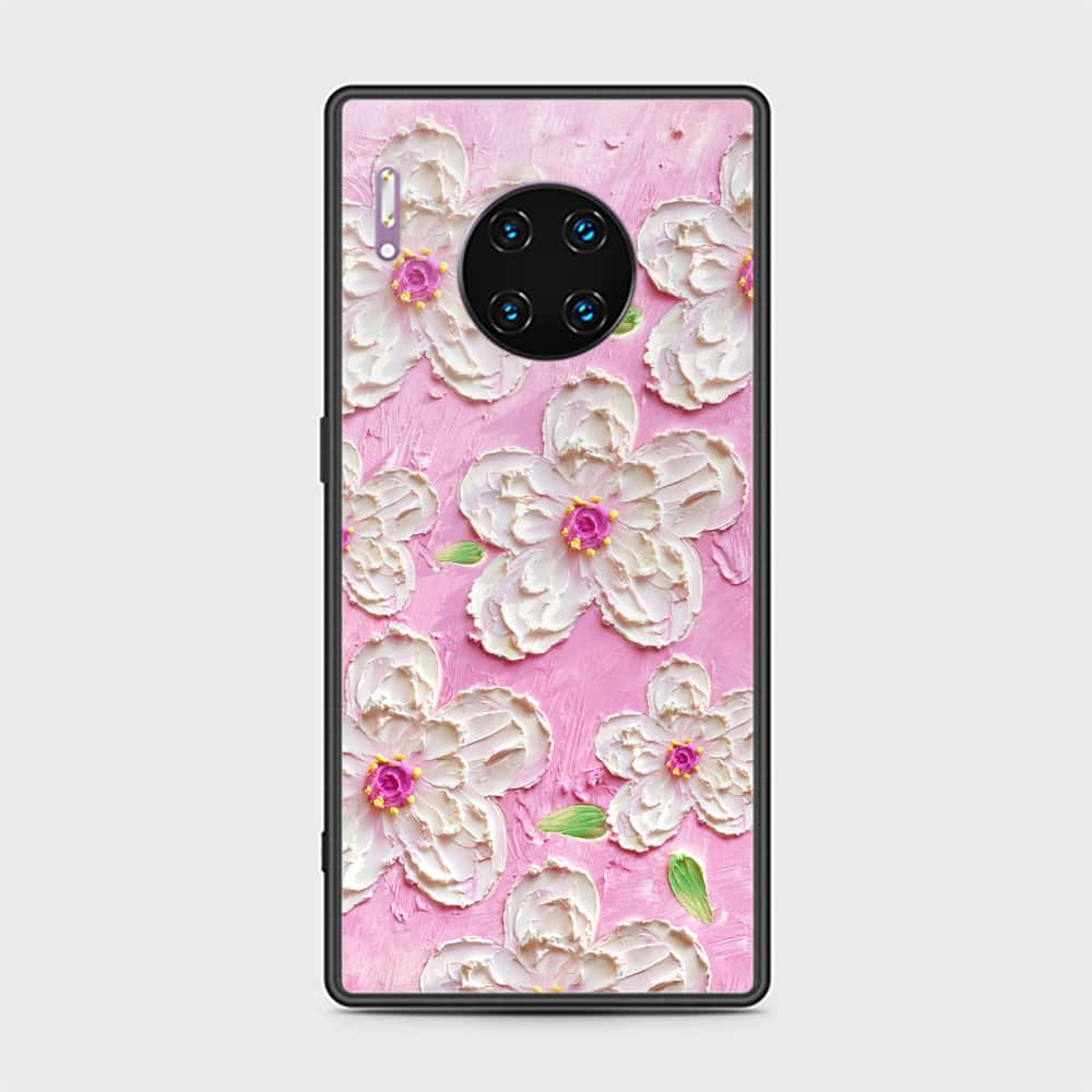 Huawei Mate 30 Pro Cover - Floral Series - Design 5 - Pink & White - HQ Ultra Shine Premium Infinity Glass Soft Silicon Borders Case