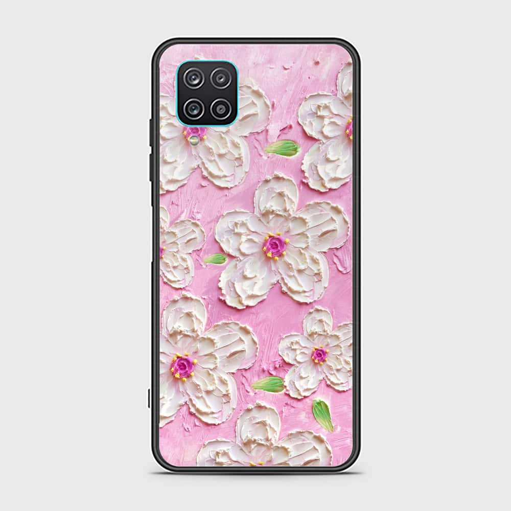 Samsung Galaxy A12 Cover - Floral Series - Design 5 - Pink & White - HQ Ultra Shine Premium Infinity Glass Soft Silicon Borders Case