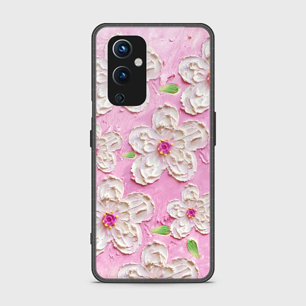 OnePlus 9 Cover - Floral Series - Design 5 - Pink & White - HQ Ultra Shine Premium Infinity Glass Soft Silicon Borders Case