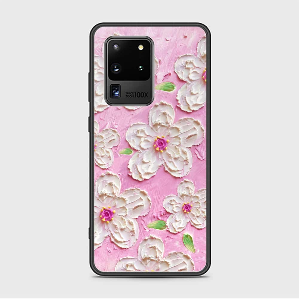 Samsung Galaxy S20 Ultra Cover - Floral Series - Design 5 - Pink & White - HQ Ultra Shine Premium Infinity Glass Soft Silicon Borders Case