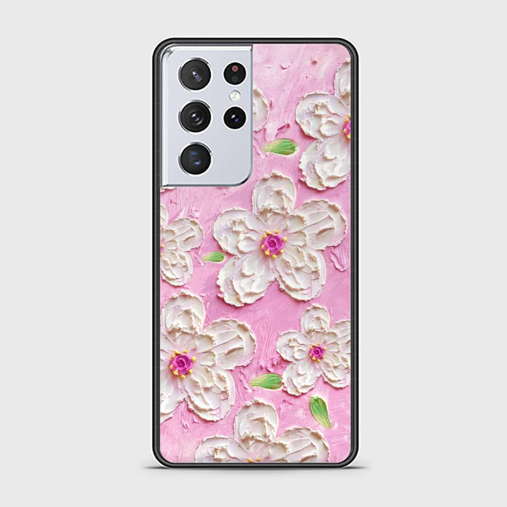 Samsung Galaxy S21 Ultra 5G Cover - Floral Series - Design 5 - Pink & White - HQ Ultra Shine Premium Infinity Glass Soft Silicon Borders Case