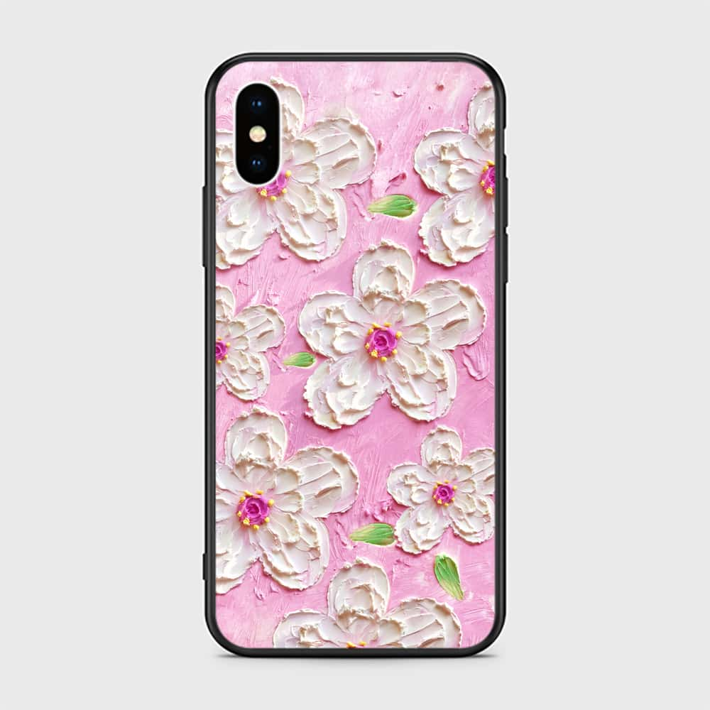 iPhone XS / X Cover - Floral Series - Design 5 - Pink & White - HQ Ultra Shine Premium Infinity Glass Soft Silicon Borders Case