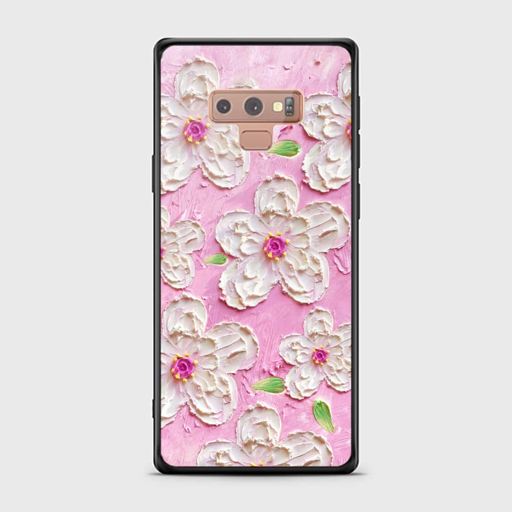 Samsung Galaxy Note 9 Cover - Floral Series - Design 5 - Pink & White - HQ Ultra Shine Premium Infinity Glass Soft Silicon Borders Case