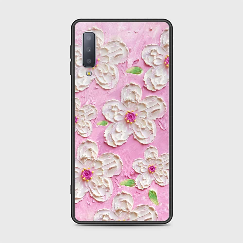 Samsung Galaxy A7 2018 Cover - Floral Series - Design 5 - Pink & White - HQ Ultra Shine Premium Infinity Glass Soft Silicon Borders Case