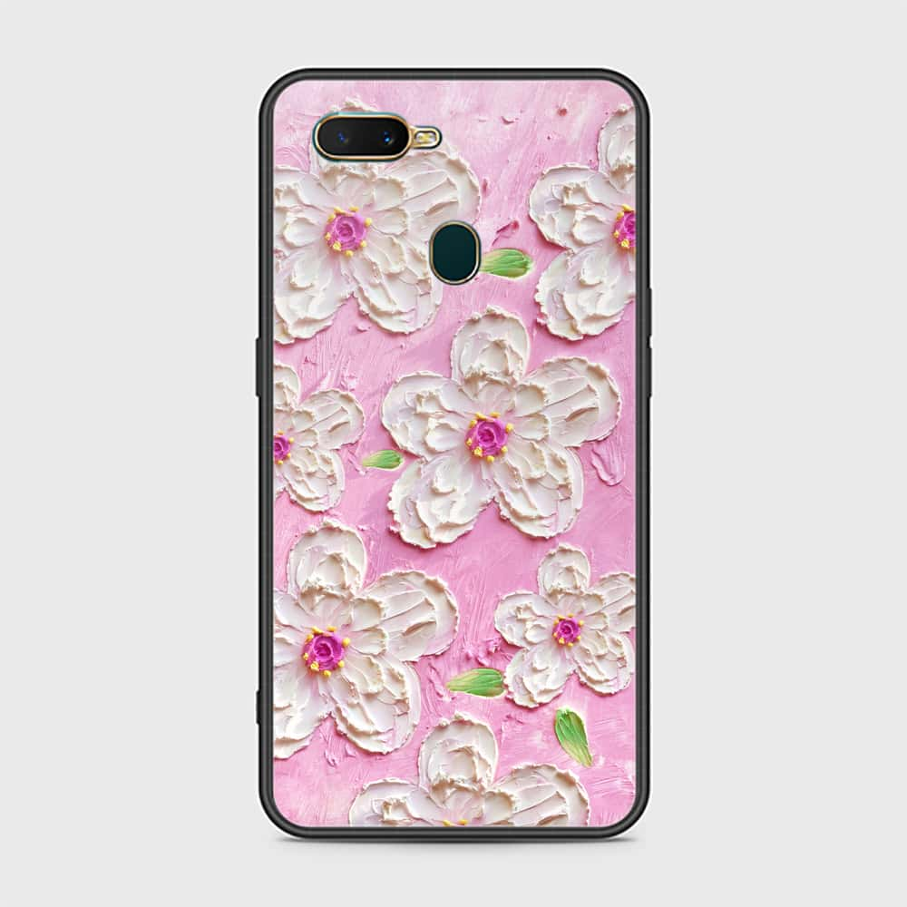 Oppo A7 Cover - Floral Series - Design 5 - Pink & White - HQ Ultra Shine Premium Infinity Glass Soft Silicon Borders Case