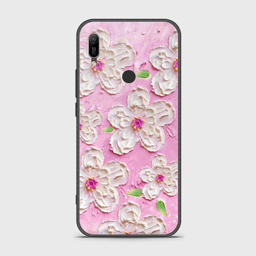 Huawei Y6 2019 Cover - Floral Series - Design 5 - Pink & White - HQ Ultra Shine Premium Infinity Glass Soft Silicon Borders Case