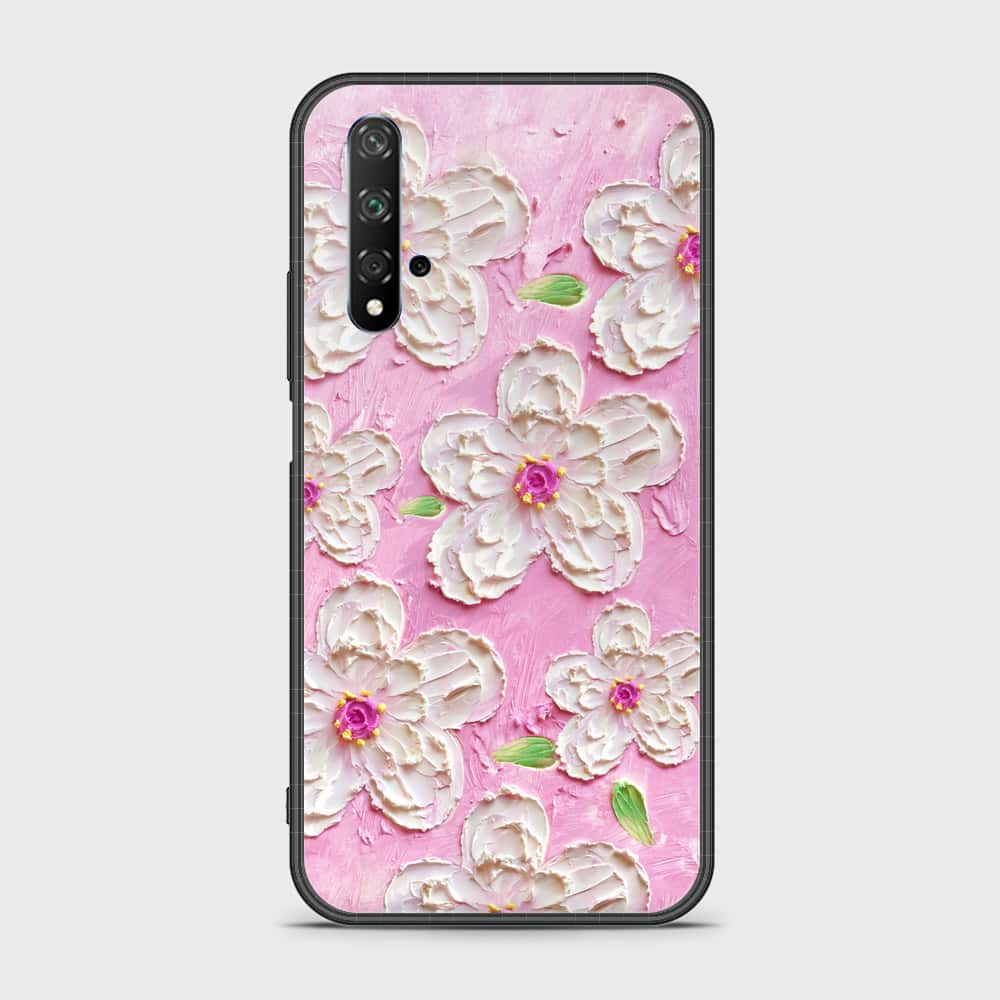 Honor 20 Cover - Floral Series - Design 5 - Pink & White - HQ Ultra Shine Premium Infinity Glass Soft Silicon Borders Case