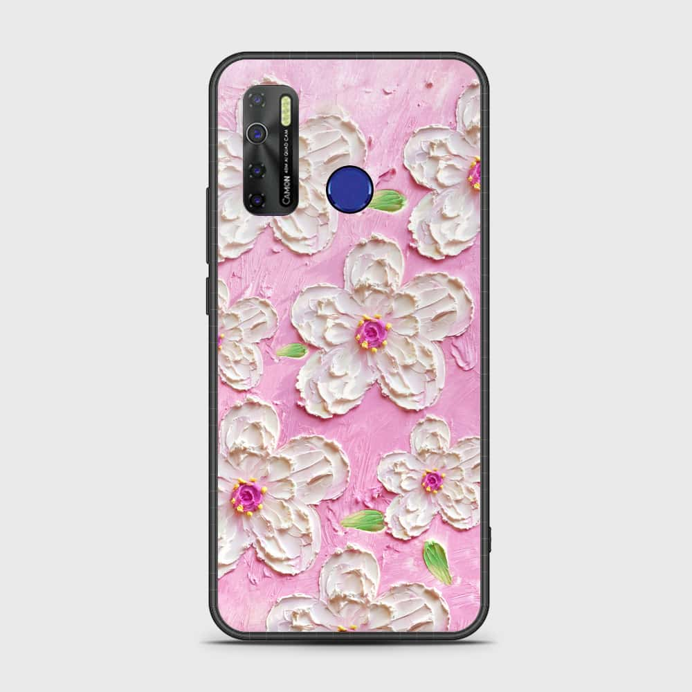 Tecno Camon 15 Cover - Floral Series - Design 5 - Pink & White - HQ Ultra Shine Premium Infinity Glass Soft Silicon Borders Case