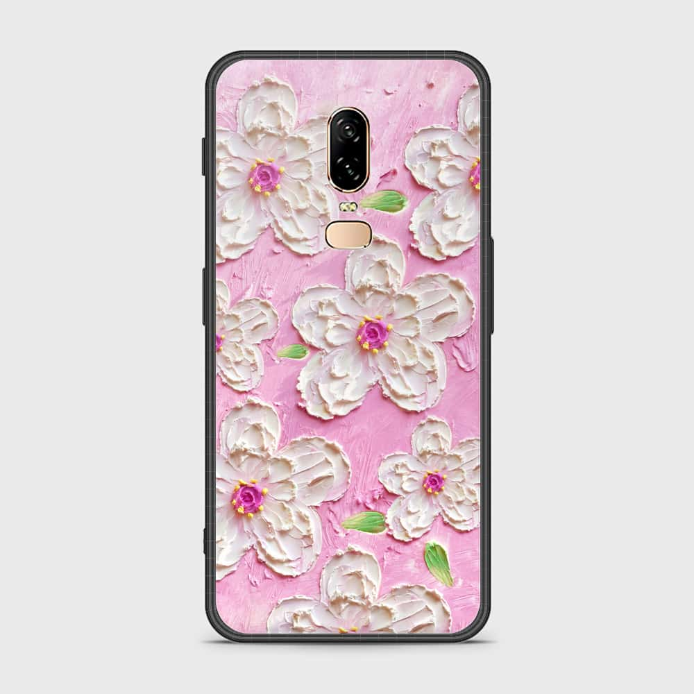 OnePlus 6 Cover - Floral Series - Design 5 - Pink & White - HQ Ultra Shine Premium Infinity Glass Soft Silicon Borders Case