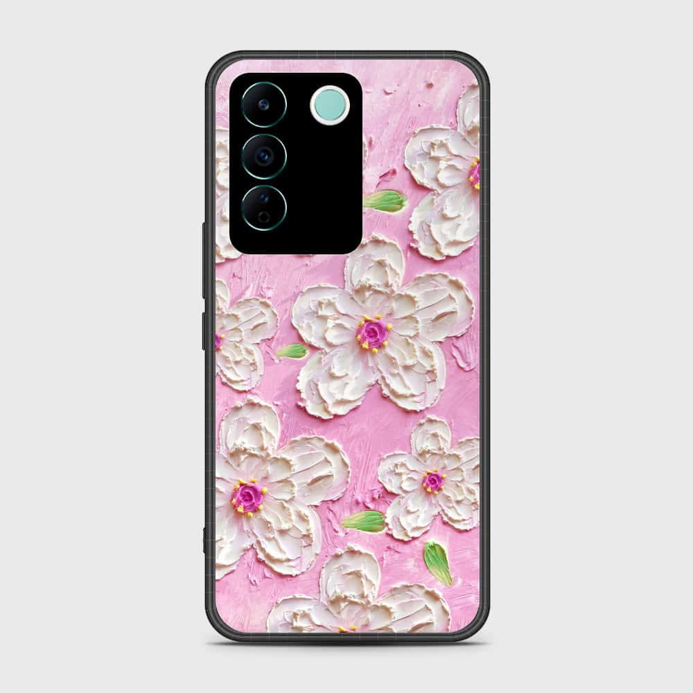 Vivo V27e Cover - Floral Series - Design 5 - Pink & White - HQ Ultra Shine Premium Infinity Glass Soft Silicon Borders Case