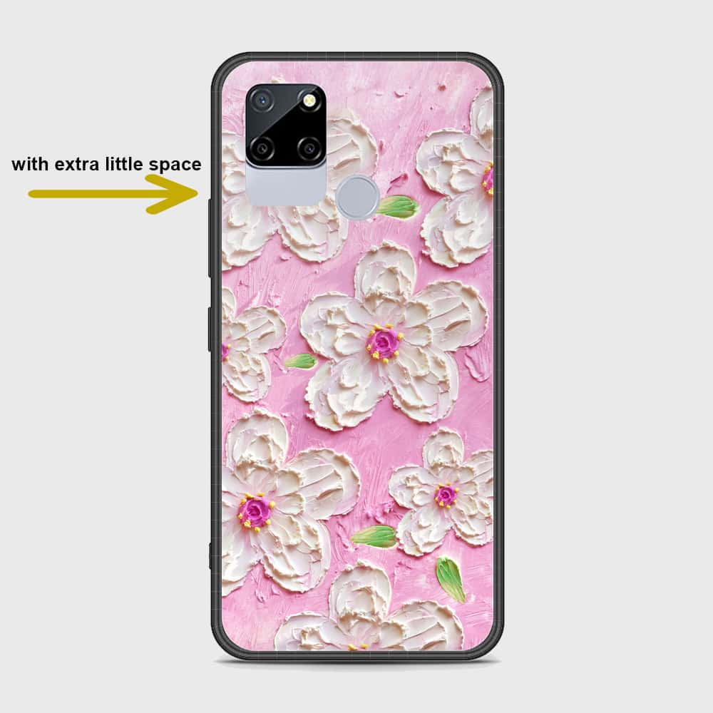 Realme C12 Cover - Floral Series - Design 5 - Pink & White - HQ Ultra Shine Premium Infinity Glass Soft Silicon Borders Case