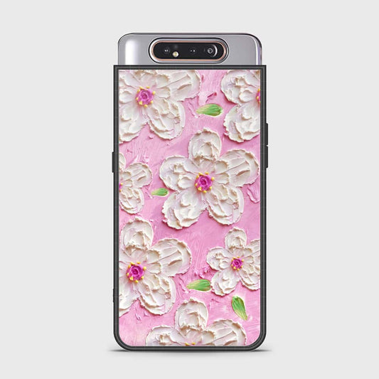 Samsung Galaxy A80 Cover - Floral Series - Design 5 - Pink & White - HQ Ultra Shine Premium Infinity Glass Soft Silicon Borders Case