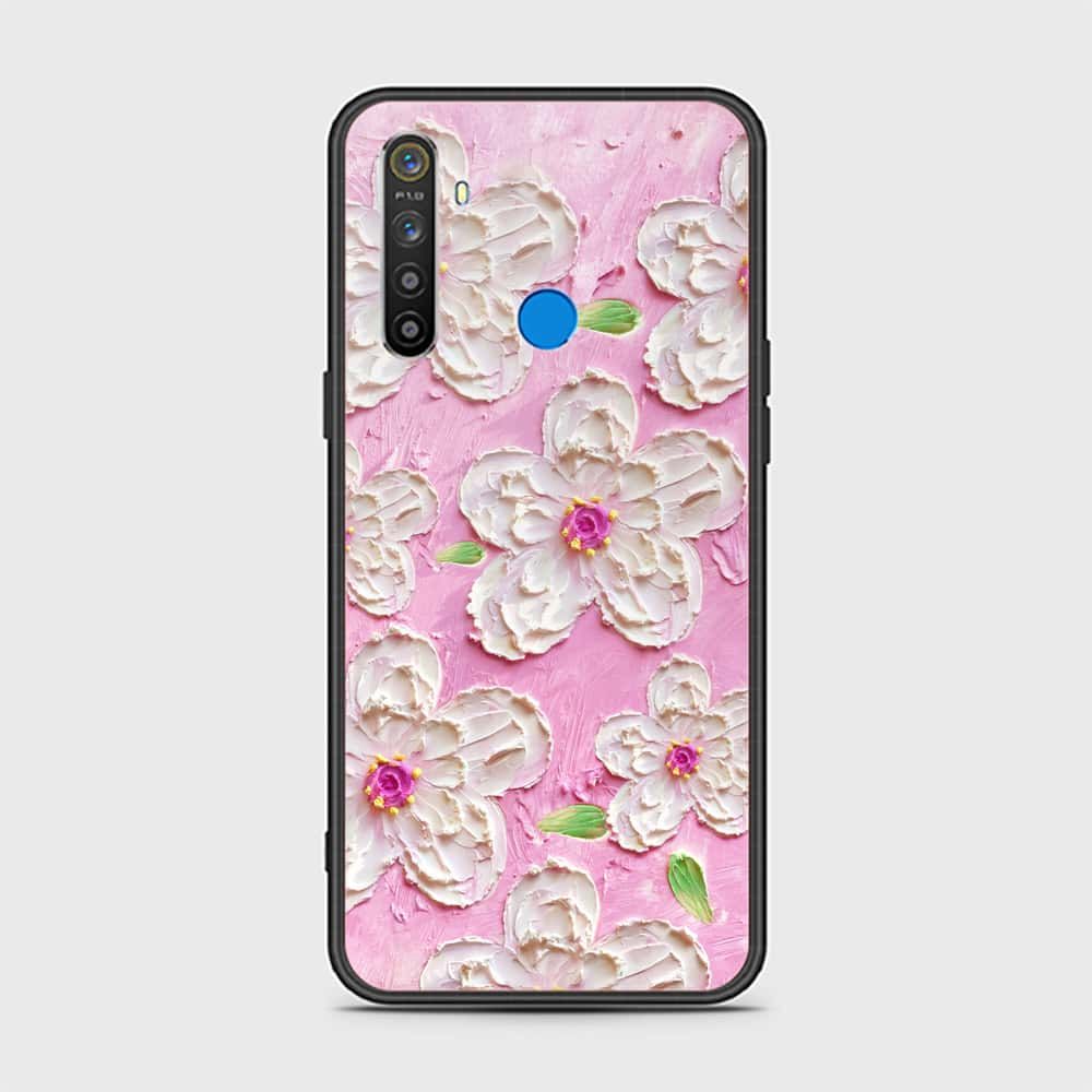 Realme 5 Cover - Floral Series - Design 5 - Pink & White - HQ Ultra Shine Premium Infinity Glass Soft Silicon Borders Case