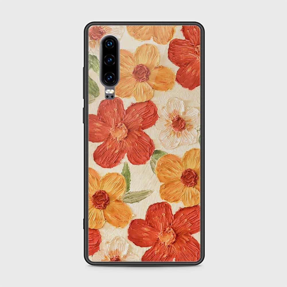 Huawei P30 Cover - Floral Series - Design 6 - Red & Orange - HQ Ultra Shine Premium Infinity Glass Soft Silicon Borders Case