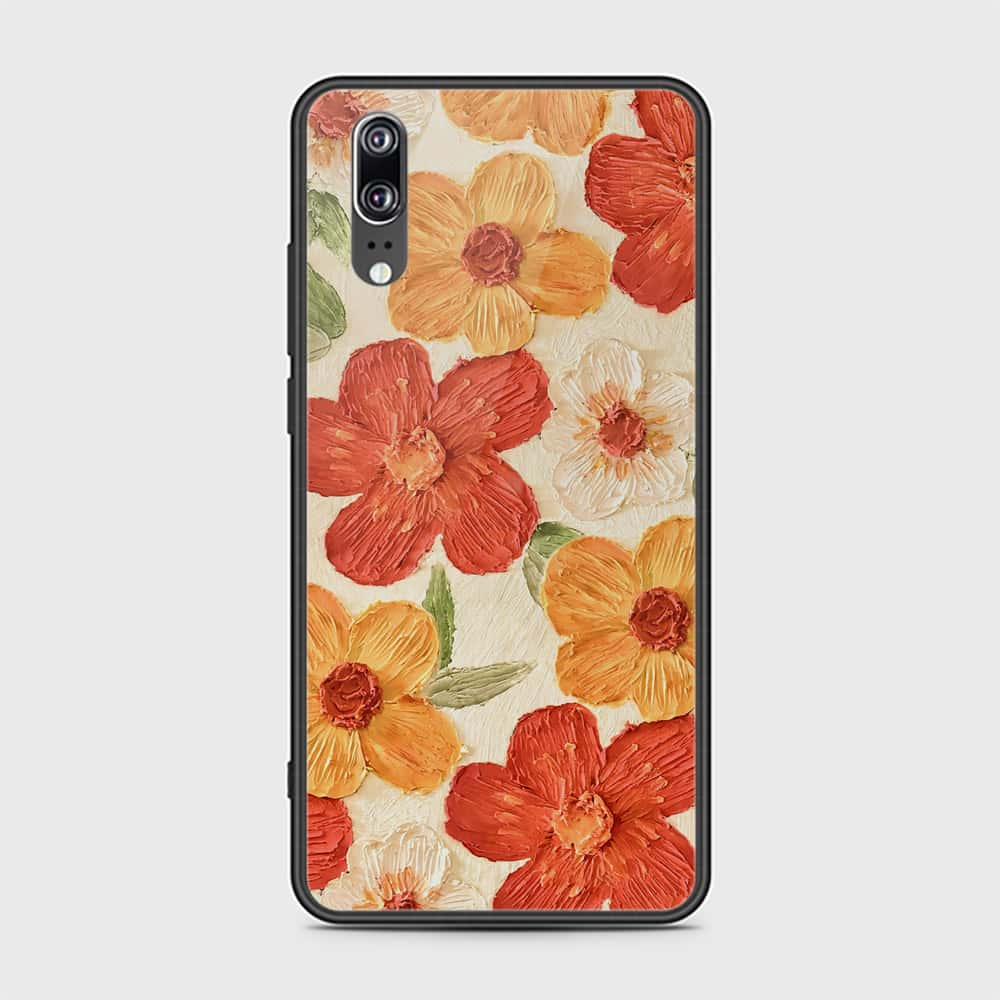 Huawei P20 Cover - Floral Series - Design 6 - Red & Orange - HQ Ultra Shine Premium Infinity Glass Soft Silicon Borders Case