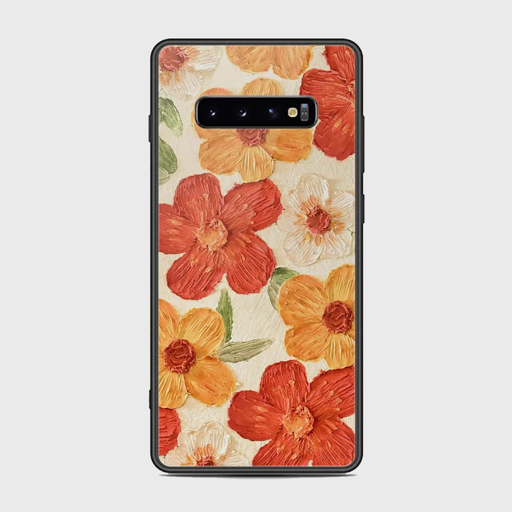 Samsung Galaxy S10 Plus Cover - Floral Series - Design 6 - Red & Orange - HQ Ultra Shine Premium Infinity Glass Soft Silicon Borders Case