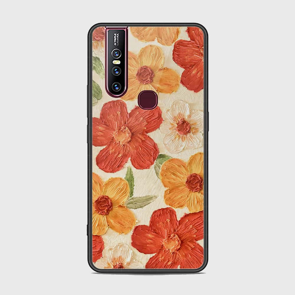 Vivo V15 Cover - Floral Series - Design 6 - Red & Orange - HQ Ultra Shine Premium Infinity Glass Soft Silicon Borders Case