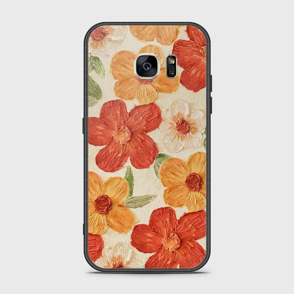 Samsung Galaxy S7 Cover - Floral Series - Design 6 - Red & Orange - HQ Ultra Shine Premium Infinity Glass Soft Silicon Borders Case