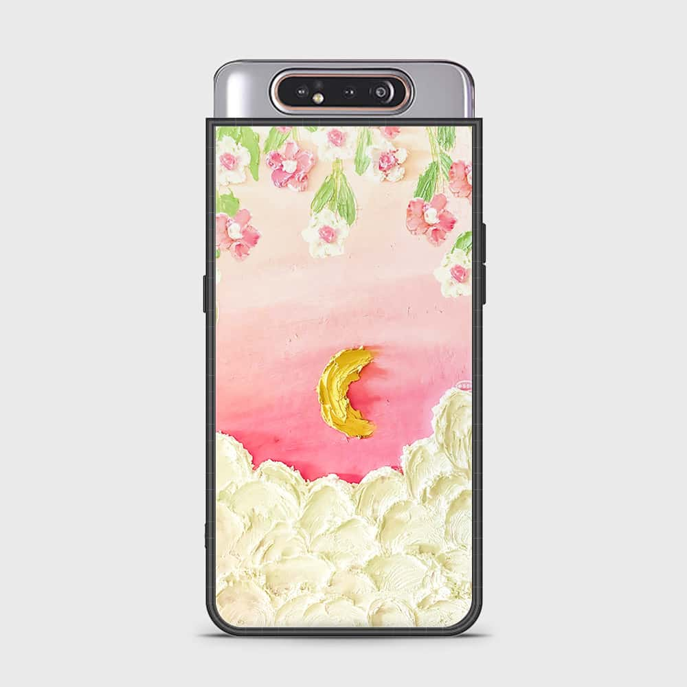 Samsung Galaxy A80 Cover - Floral Series - Design 7 - Pink & Yellow - HQ Ultra Shine Premium Infinity Glass Soft Silicon Borders Case