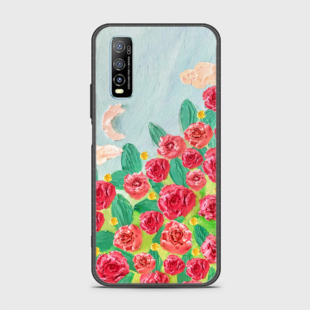 Vivo Y70s Cover - Floral Series - Design 10 - Red & Green - HQ Ultra Shine Premium Infinity Glass Soft Silicon Borders Case