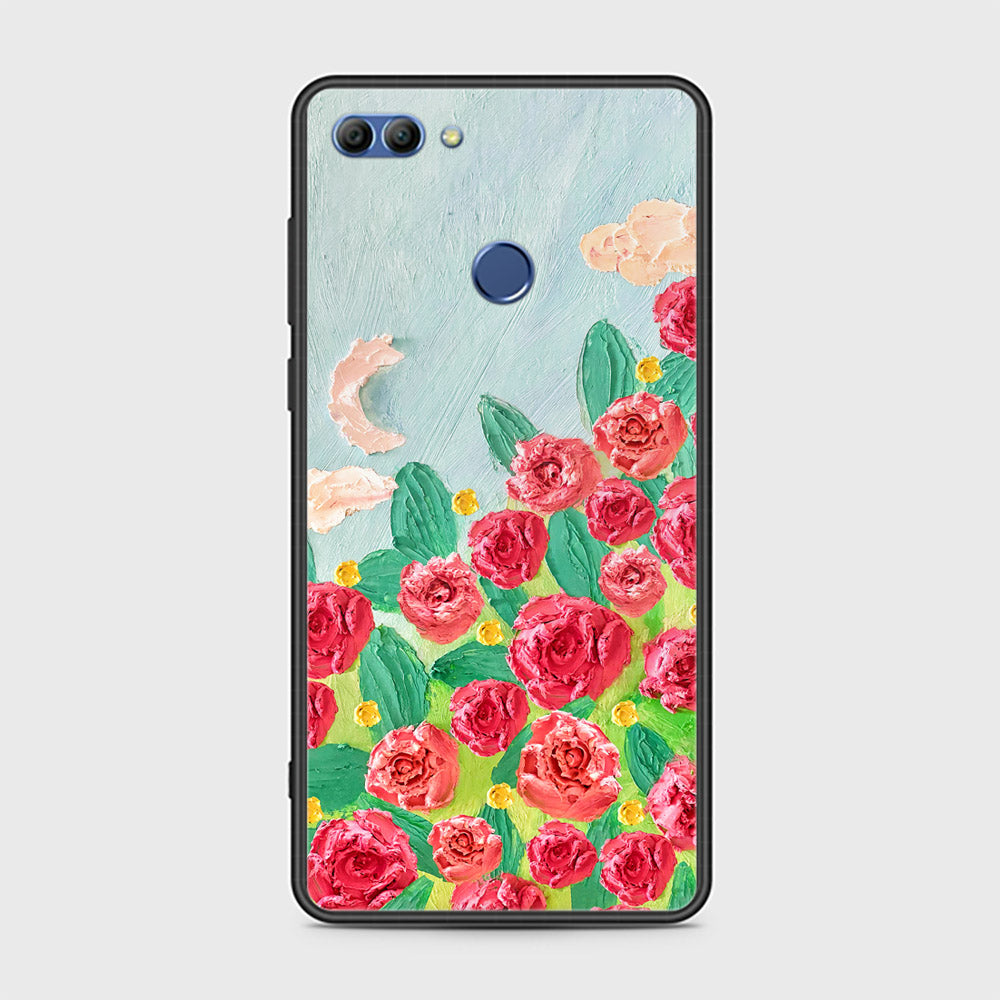 Huawei Y9 2018 Cover - Floral Series - Design 10 - Red & Green - HQ Ultra Shine Premium Infinity Glass Soft Silicon Borders Case